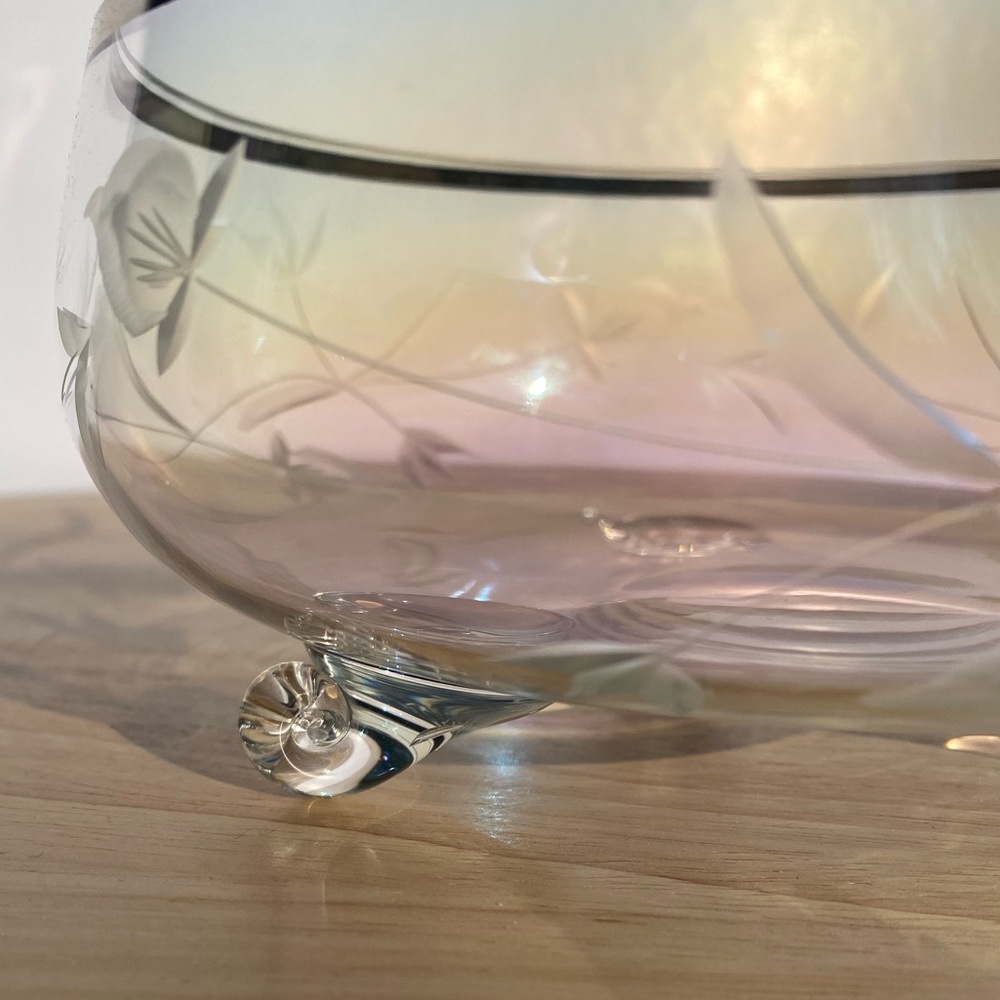 Vintage Footed Pink Glass Candy Dish Etched Flowers Silver Rim Iridescent